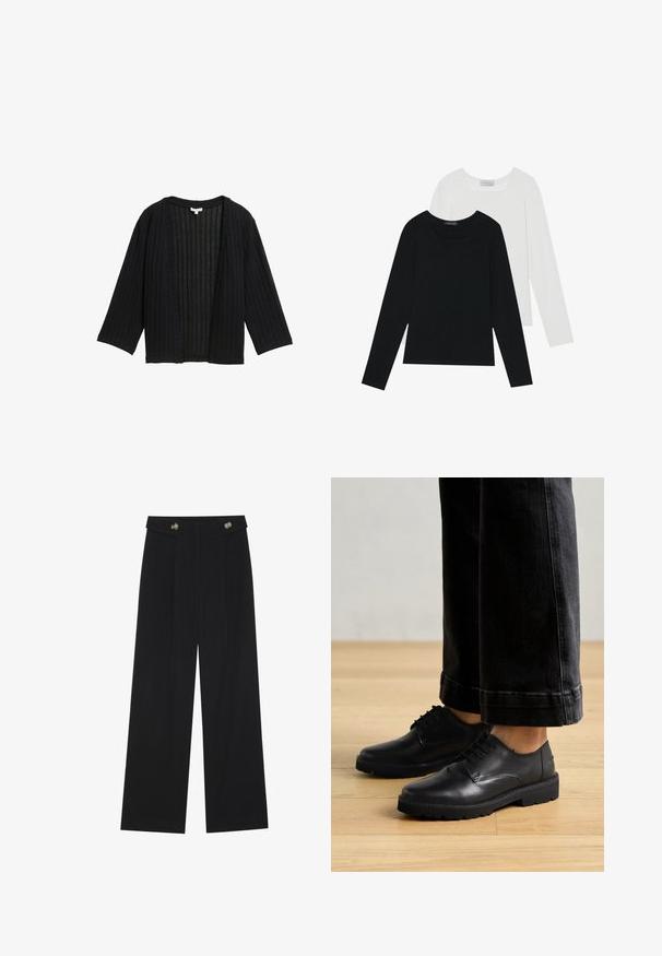Fekete, bordás kardigán laza szabással, széles ujjal és nyitott elülső résszel. Az anyag textúrált hatású, függőleges vonalakkal.; Két hosszú ujjú felső, az egyik fekete, a másik fehér, mindkettő négyzet alakú nyakkivágással rendelkezik, és puha, rugalmas anyagból készült.; Fekete, bő szárú nadrág magas derékkal, gombos részletekkel a derékrészen és elülső pliszékkal.; Fekete bőr, fűzős cipők sima felszínen, lekerekített orral és vastag gumitalppal, sötét farmernadrággal párosítva.