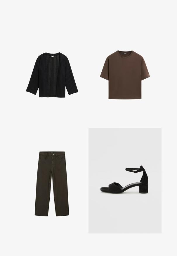 Zwarte geribde cardigan met een losse pasvorm, wijde mouwen en een open voorkant. De stof heeft een gestructureerde uitstraling met verticale lijnen.; Bruine katoenen t-shirt, korte mouwen, ronde hals, relaxte pasvorm, gladde textuur, minimalistisch ontwerp, geen zichtbare patronen of accenten.; Donkergroene wijde jeans van een katoenmix, met een sluiting met een voorste knop, vijf zakken en klassieke denimstiksels.; Zwarte suede hakken met een dunne enkelband, open teen ontwerp en een bescheiden blokhak. Zachte textuur en minimale accenten.