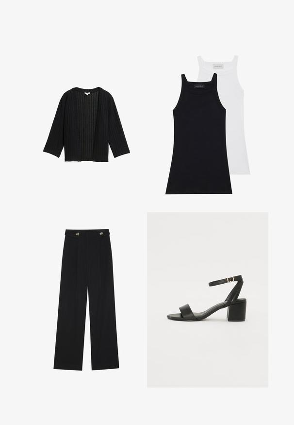 Cárdigan negro con textura acanalada, de corte holgado, mangas anchas y apertura frontal. La tela tiene una apariencia texturizada con líneas verticales.; Dos camisetas sin mangas en negro y blanco. Están hechas de una tela suave y elástica con una textura acanalada y un diseño ajustado. Cuentan con tirantes estrechos.; Pantalones de pierna ancha negros con cintura alta, detalles de botones en la cinturilla y pliegues en la parte delantera.; Sandalia de tacón negro con parte superior de cuero suave, punta abierta, tiras frontales anchas y correa ajustable en el tobillo con detalle de hebilla dorada.