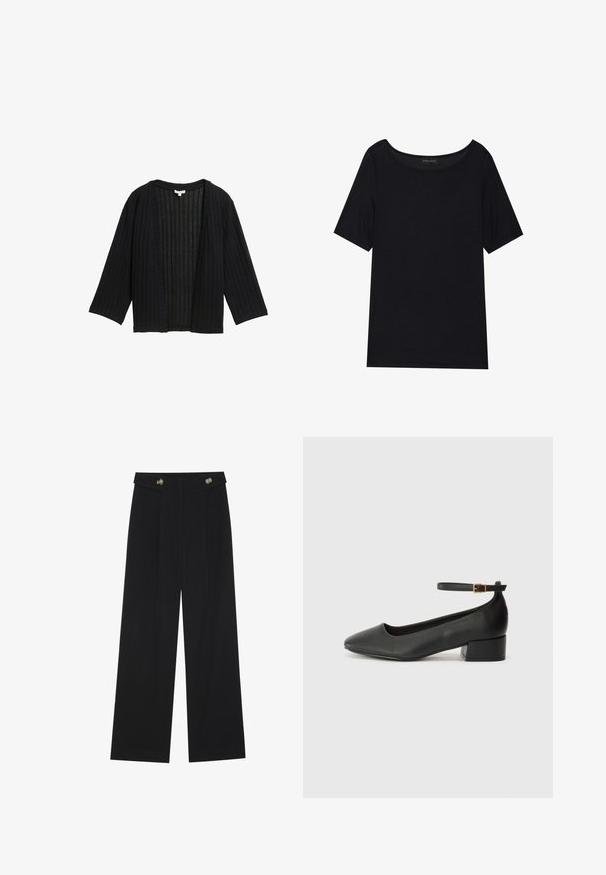 Schwarze gerippte Strickjacke mit lockerer Passform, weiten Ärmeln und offenem Front. Der Stoff hat eine strukturierte Oberfläche mit vertikalen Linien.; Schwarzes T-Shirt mit kurzen Ärmeln und weitem Ausschnitt. Aus weichem, leichtem Stoff gefertigt. Einfaches Design ohne Muster oder Akzente.; Schwarze weite Hosen mit hoher Taille, Knopfdetails am Bund und vorderen Falten.; Schwarze Lederpumps mit spitzem Zehenbereich und niedrigem Blockabsatz. Mit einem Knöchelriemen und einer goldfarbenen Schnalle. Glatte Textur.