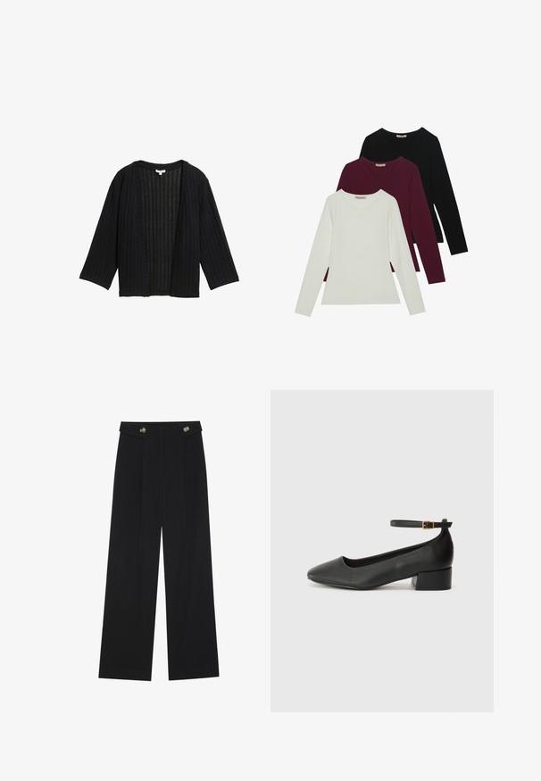Sort ribbet cardigan med en løs pasform, brede ærmer og åben front. Stoffet har en strukturert overflade med lodrette linjer.; Langærmede T-shirts i hvid, bordeaux og sort. Lavet af blødt stof med rund halsudskæring og tætsiddende design. Velegnet til lag-på-lag.; Sorte vide bukser med høj talje, knapdetaljer på taljebåndet og frontfald.; Sorte læderpumper med spids tå og en lav blokhæl. Har en ankelrem med en guldfarvet spænde. Glat tekstur.
