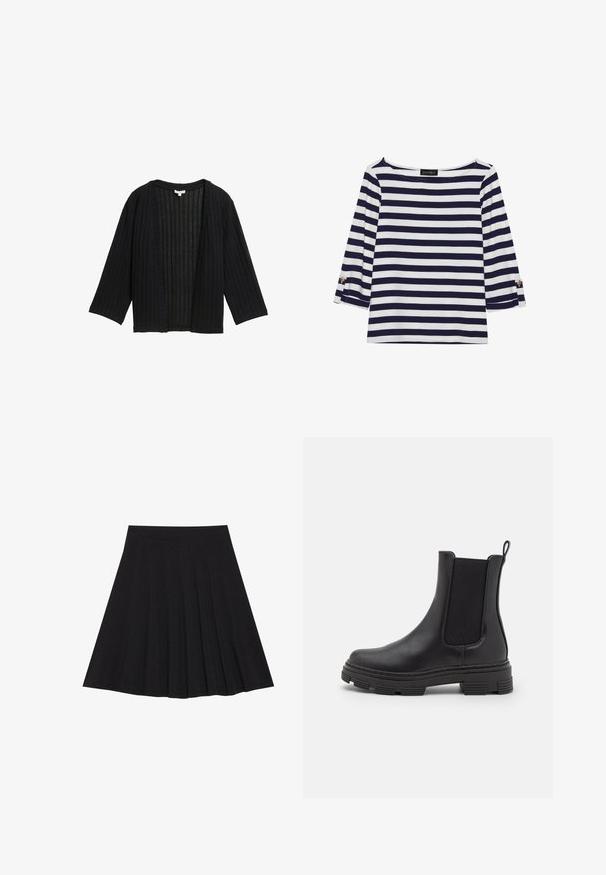 Must mustriga kardigan lahtise lõikega, laiad varrukad ja avatud esitusega. Kude on tekstuuriga, millel on vertikaalsed jooned.; Tumesiniste ja valgete triipudega pikkade varrukatega topp, millel on paadi kaelus ja kuldsete nööpide aktsendid üleskeeratud varrukatel. Pehme kangas, mugav istuvus.; Must mustriga seelik, millel on tekstureeritud kangas ja kitsas vöökoht. Ulatuv põlveni, omadab sujuvat ja lõputut siluetti.; Must mustelaste kodukinga, millel on elastsed külgpaneelid, ümar varvas ja tekstuuriga kummist välistald. Tagaküljel on mugavuse huvides aas.