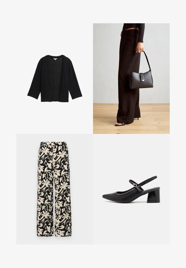 Fekete, bordás kardigán laza szabással, széles ujjal és nyitott elülső résszel. Az anyag textúrált hatású, függőleges vonalakkal.; Fekete, rövid ujjú felső sima anyagból, peplum fazonnal és övvel a deréknál, két kerek, ezüst árnyalatú gombbal.; Fekete, bő szárú nadrág krém színű virágmintával. Könnyű anyagból készült, sima tapintású és magas derékrésszel rendelkezik.; Fekete lakk bőr, pántos magassarkú cipő, hegyes orral, lekerekített kivágással és tömbsarkal. Arany színű csat díszíti.; Fekete kézi táska strukturált formával, sima textúrával és fémből készült záródással. Széles fekete nadrággal és nyitott orrú szandállal párosítva, fából készült padlón.
