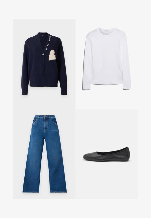 Námořnický kardigan s texturovaným pletením, s výstřihem do V, šesti černými knoflíky a béžovou nášivkou s abstraktním designem a textem.; Bílé tričko s dlouhým rukávem vyrobené z žebrované bavlny, s kulatým výstřihem a rovnými lemy. Jednoduchý design bez vzorů nebo akcentů.; Široké džíny v tmavě modrém denimovém provedení s vysokým pasem, vybavené předními a zadními kapsami a kontrastním prošíváním.; Černé kožené baletní byty s kulatou špičkou, hladkou texturou, minimálními švy a flexibilním designem podrážky.