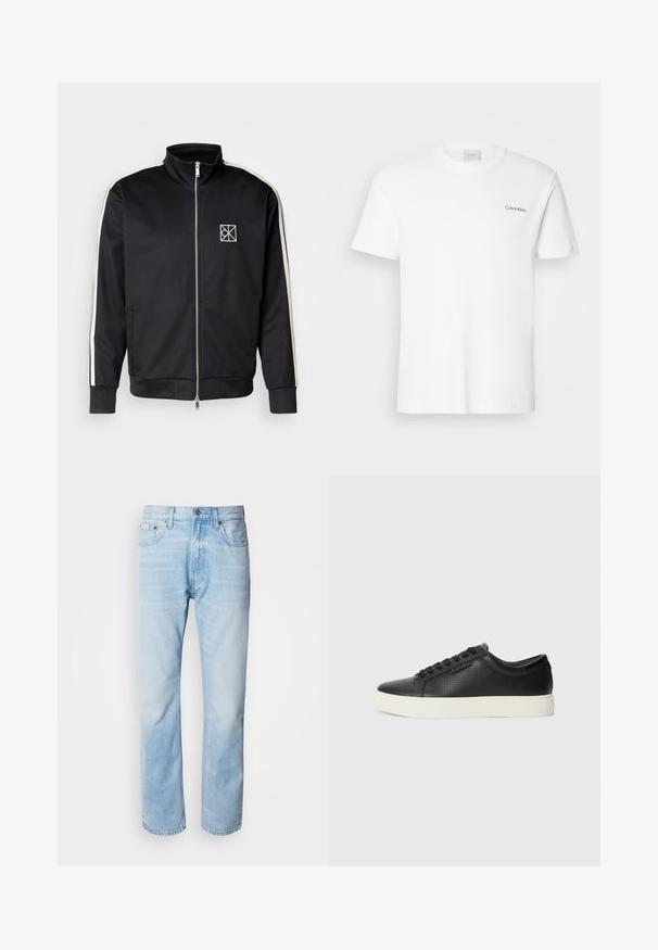 Giacca nera con zip e colletto alto, presenta strisce bianche sui lati e un piccolo logo sul petto, realizzata in un tessuto liscio e flessibile.; T-shirt bianca in cotone con maniche corte e scollo rotondo. Presenta un piccolo logo nero "Calvin Klein" sul lato sinistro del petto.; Jeans in denim blu chiaro con taglio dritto, caratterizzati da sezioni sbiadite, design a cinque tasche e iconico bottone di chiusura.; Sneaker nere in pelle con texture perforata, punta tonda e suola piatta in gomma bianca. Presentano lacci neri e un logo discreto sul lato.