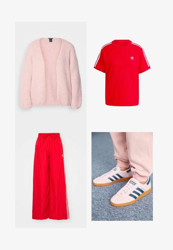 Lindex CARDIGAN VANESSA - Vest - light pink; Rode katoenen t-shirt met een ronde halslijn, korte mouwen, witte drie-strepen accenten op de schouders en een klein wit logo op de borst.; Rode broek met wijde pijpen, gemaakt van lichte stof, met witte zijkanten en een elastische tailleband met een trekkoord.; Lichtroze suede sneakers met donkerblauwe leren strepen en een gumzool. Kenmerken zijn platte veters en branding aan de zijkant en op de tong.