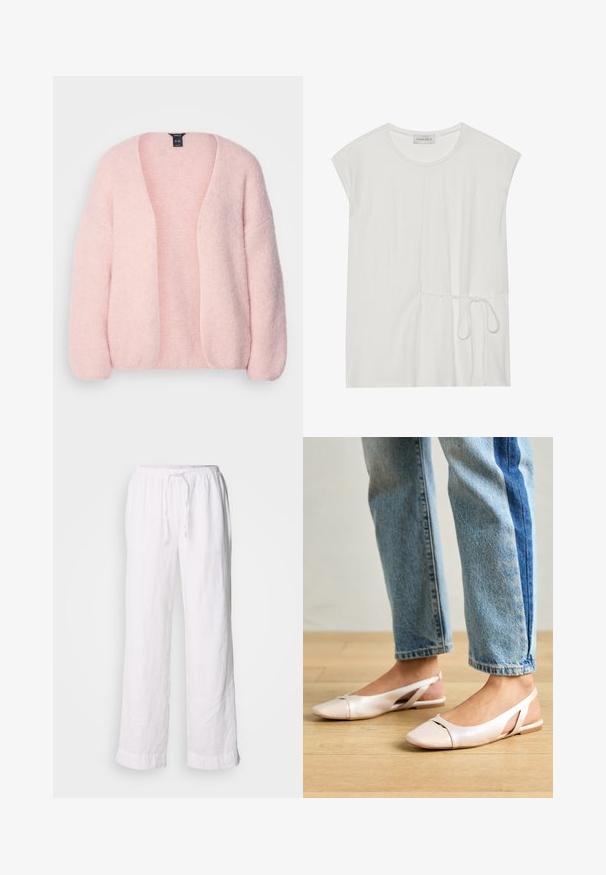 Lindex CARDIGAN VANESSA - Strickjacke - light pink; Weißes Kurzarmoberteil mit einem runden Ausschnitt und einem Kordelzugdetail in der Taille, das eine glatte, weiche Textur aufweist.; Weiße Leinenhosen mit einem lockeren Schnitt, elastischem Bund und Kordelzug. Sie verfügen über gerade Beine und umgeschlagene Säume für einen lässigen Look.; Blassrosa Slingback-Ballerinas mit spitzem Punkt, aus einem glatten, lederähnlichen Material. Mit Ausschnitten an den Seiten und einem flachen Absatz.