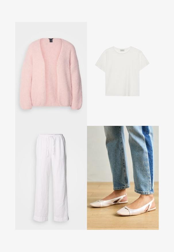 Lindex VANESSA - Kardigan - light pink; Valge lühikeste varrukatega t-särk, mis on valmistatud pehmest puuvillast. Omab ümmargust kaelust ja mugavat lõiget. Puhtad jooned, ilma nähtavate mustrite või aktsentideta.; Valged linased püksid lõdva istuvusega, elastse vöökoha ja nööriga. Peavad sirgetele jalgadele ja rullitud servadele, et saavutada lõdvestunud välimus.; Kahvatu roosa slingback lapikute jalatsite paar, millel on terav varvas, valmistatud siledast nahataolisest materjalist. Omab külgedel lõikekohti ja lapikut kontsa.
