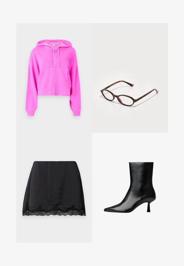 Hoodie corto rosa realizzato in tessuto morbido con zip frontale, due tasche anteriori, cappuccio con cordino e polsini a coste.; T-shirt grigio a maniche corte sovrapposto a una camicia bianca a maniche lunghe, entrambi in morbido cotone. Presenta un piccolo logo sul petto.; Gonna mini nera in satin con taglio dritto, caratterizzata da un bordo in pizzo ondulato all'orlo, texture liscia e vita elastica.; Stivale nero alla caviglia in pelle lucida con punta affusolata e tacco sottile, caratterizzato da una superficie liscia e un design minimalista.; Occhiali da sole tartarugati con lenti ovale, caratterizzati da una montatura scura con motivi marroni chiari e scuri, e aste sottili e curate.; Borsa a spalla bianca realizzata in materiale morbido, con un ritaglio ovale e un design a tracolla ampia. Semplice e moderna, senza hardware visibili.