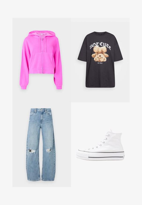 Rózsaszín, rövidített kapucnis pulóver puha anyagból, elülső cipzárral, két elülső zsebbel, húzózsinóros kapucnival és bordás mandzsettával.; Fekete, oversized póló, rajta egy medvével és a "NEM CUKI, HANEM FÉKTELEN" felirattal vastag, fehér betűkkel. Pamut anyag.; Világoskék, magas derekú farmernadrág. Széles lábakkal, két szakadt térddel és klasszikus öt zsebes dizájnnal rendelkezik.; Fehér magaskorsó vászon sportcipő fekete gumi talppal, elülső gumi orrnyereggel és hat fűzőlyukkal, letisztult, minimalista dizájnnal.