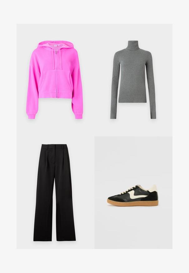 Roze cropped hoodie gemaakt van zachte stof met een frontale rits, twee voorzakken, een capuchon met trekkoord en geribbelde manchetten.; Grijze coltrui gemaakt van gladde, rekbare stof. Lange mouwen, aansluitend ontwerp, minimale textuur, zonder zichtbare patronen of hardware.; Zwarte wijde broek met een soepele textuur, voorzien van voorplooien, een platte tailleband en riemlussen. Eenvoudig, op maat gemaakt ontwerp.; Zwarte suède en leren sneaker met een crèmekleurige zij-swoosh en lichte crèmekleurige hiel. Voorzien van beige veters en een gumrubberen zool.