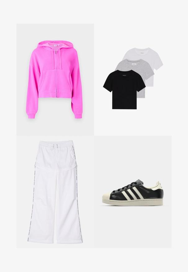 Cazadora corta rosa hecha de tela suave, con cremallera frontal, dos bolsillos frontales, capucha con cordón y puños acanalados.; Conjunto de tres camisetas de manga corta en negro, gris y blanco. Están hechas de algodón, cuentan con cuello redondo y un diseño simple de un solo color.; Pantalones anchos blancos con cintura elástica y cordón. Presentan franjas laterales con texto y una textura relajada y suave.; Zapatilla de cuero negro con rayas blancas, puntera de goma, cordones negros y suela color crema. Textura suave con acabado brillante.