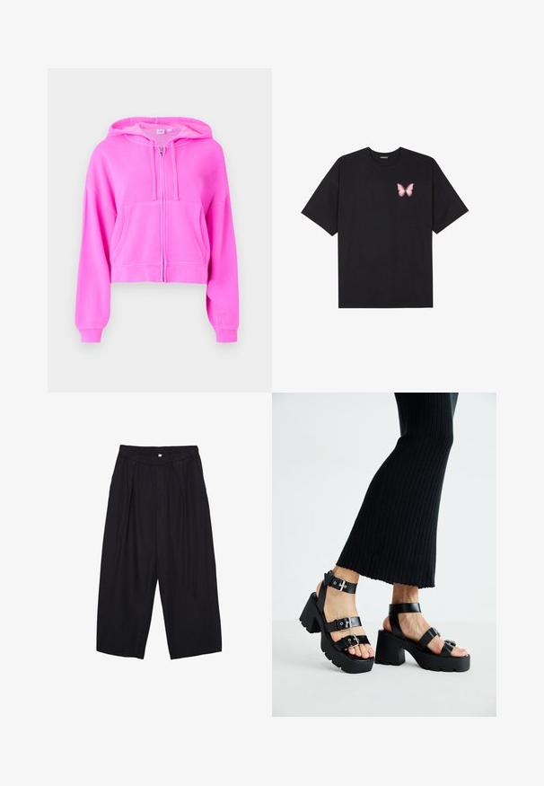 Ružová skrátená mikina s kapucňou vyrobená z jemného materiálu, s predným zipsom, dvoma prednými vreckami, sťahovacou kapucňou a rebrovanými manžetami.; Čierne bavlnené tričko s krátkymi rukávmi, s malým ružovým motýlikom na ľavej hrudi. Design s okrúhlym výstrihom a uvoľneným strihom.; Čierne polyesterové culotte nohavice s elastickým pásom, dvoma prednými záhybmi a voľným strihom. Žiadne viditeľné vzory ani detaily z kovu.; Čierne platformové sandále s robustnými, zúbkovanými podrážkami a viacerými popruhmi, s kovovými prackami a hladkým textúrou pripomínajúcou kožu.