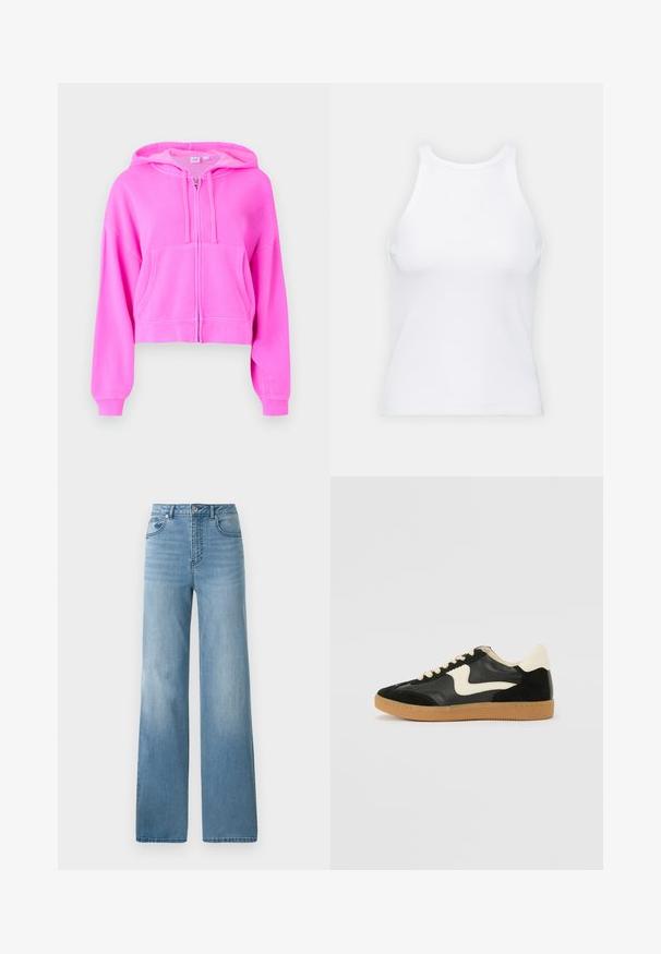 Rosa cropped hoodie lavet af blødt materiale med en frontlynlås, to forlommer, hætte med snøre og ribbede manchetter.; Hvid ærmeløs tanktop lavet af ribbet stof, med en rund halsudskæring og en tætsiddende silhuet, med minimale sømme og ingen pynt.; Lyseblå højtaljede jeans med lige ben. Fremstillet af denim, med fem lommer og knaplukning.; Sorte ruskinds- og lædersneakers med en cremefarvet side-swoosh og lys cremefarvet hæl. Har beige snørebånd og en gummirubber-sål.
