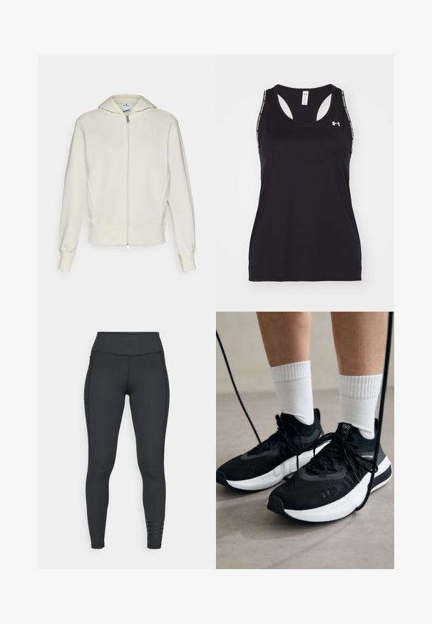Sudadera color crema con cremallera en la parte delantera, capucha, puños y dobladillo acanalados, y un pequeño logotipo en el lado izquierdo del pecho. Tejido de mezcla de algodón suave.; Top atlético negro sin mangas con escote redondeado y diseño de espalda nadadora. Presenta un logotipo y tirantes con patrón. Fabricado en material ligero y transpirable.; Leggings negros fabricados con material elástico, con una cintura alta, diseño elegante y detalles de acento a rayas cerca del tobillo.; Zapatillas deportivas negras con tela texturizada, suela blanca y cordones negros. Llevadas con calcetines blancos de canalé, de pie sobre una superficie clara.