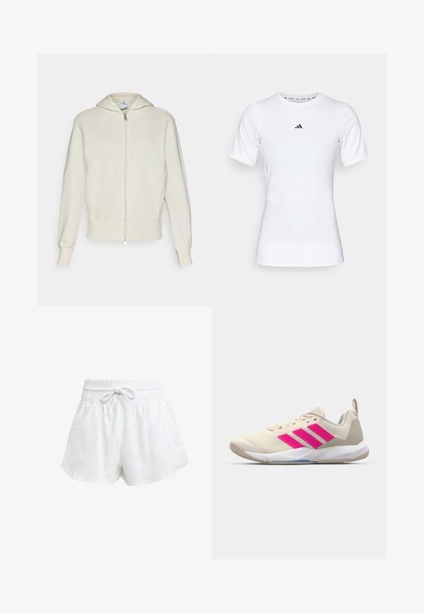 Cremefarget hettegenser med glidelås foran, ribbestrikkede mansjetter og kant, samt en liten logo på venstre bryst. Glatt bomullsblandingsstoff.; Hvit idrettsskjorte med korte ermer, laget av glatt, elastisk stoff. Har en liten svart Adidas-logo på brystet.; Hvite sportsbukser med elastisk midje og justerbar snor. Laget av lett materiale, med sidelommer og løs passform.; Beige atletik sko med rosa tre-stripes logo, teksturert mesh-overdel, polstret krage og hvit gummisåle, med "LIGHTSTRIKE" merke.