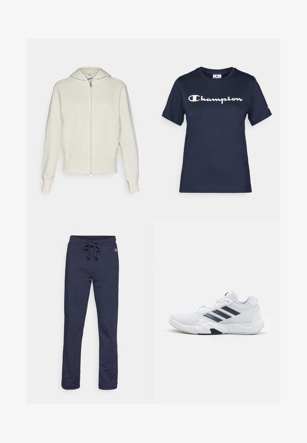 Kremowy sweatshirt z zamkiem z przodu, kapturem, ściągaczami przy mankietach i dolnym brzegu oraz małym logo po lewej stronie klatki piersiowej. Gładka dzianina bawełniana.; Granatowa bawełniana koszulka z krótkim rękawem, z białym logo "Champion" na piersi oraz małym logo na rękawie.; Granatowe dresy wykonane z miękkiej tkaniny bawełnianej, z elastycznym paskiem z możliwością regulacji i zamkniętym hemem, z małym akcentem logo.; Białe buty sportowe z siateczkową cholewką, trzy czarne paski po boku, teksturowane akcenty i solidna gumowa podeszwa z kontrastującą czarną sekcją.