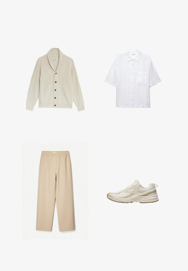Beżowy kardigan w prążki z kołnierzem szalowym, pięcioma ciemnymi guzikami, dwiema bocznymi kieszeniami i fakturowanym materiałem.; Biała koszula z krótkim rękawem, z zapięciem na guziki z przodu, kołnierzykiem i jedną kieszenią na piersi. Wykonana z lekkiego materiału o gładkiej fakturze.; Beżowe spodnie szerokie z elastycznym paskiem, wykonane z miękkiego materiału, o gładkiej fakturze i minimalnych detalach szwów.; Białe sportowe buty wykonane z siateczki i materiału syntetycznego, z okrągłym noskiem, amortyzowaną podeszwą i beżowymi akcentami po bokach.