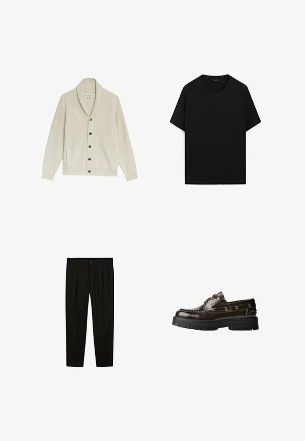 Beige ribbet cardigan med en sjalkrave, fem mørke knapper, to sidelommer og tekstureret stof.; Sort kortærmet t-shirt lavet af bomuld med rund halsudskæring, som har en glat tekstur og et enkelt design. Ingen synlig branding.; Sorte skræddersyede bukser lavet af glat stof. Funktioner inkluderer flad front, brede ben og en knaplukning i taljen.; Brune lædersko til båd med gummisål, der har stikninger, metaløjer og snørebåndsdesign. Kraftig, let konstruktion.