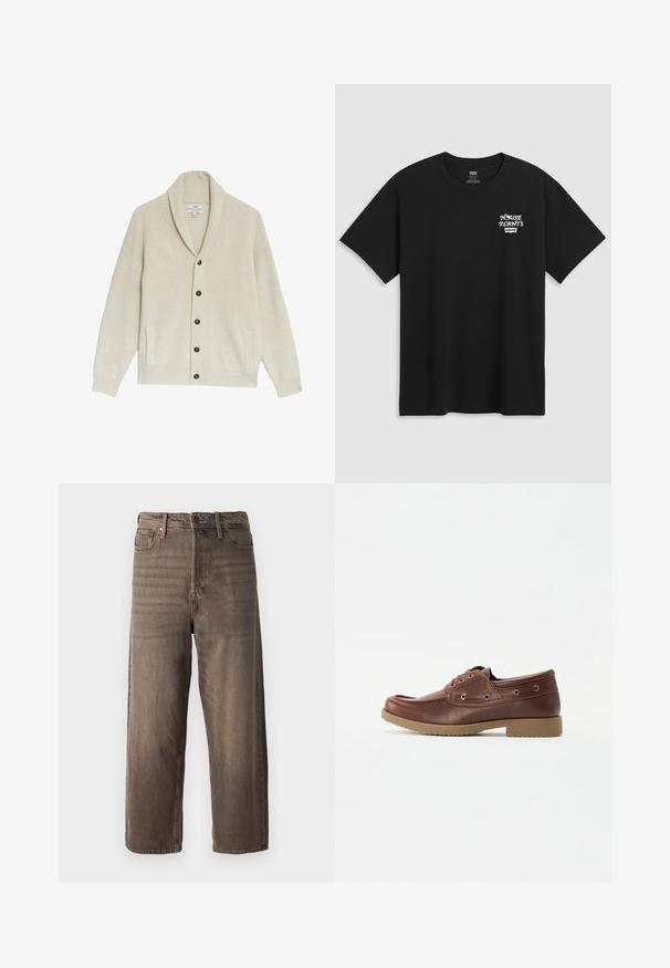 Cárdigan de color beige con canalé, cuello de chal, cinco botones oscuros, dos bolsillos laterales y tejido texturizado.; Camiseta de algodón negra con un estampado en el pecho que dice "PLANTAS DE CASA" en una fuente estilizada blanca con "Levi's" debajo. Cuello redondo clásico.; Jeans de pierna ancha en color marrón, fabricados en denim. Cuentan con una cremallera, pasadores para cinturón y cinco bolsillos. La tela presenta un aspecto desgastado y texturizado.; Zapato de barco de cuero marrón con punta redondeada, suela texturizada, ojales dorados y detalles de costura en la parte superior para un diseño clásico.