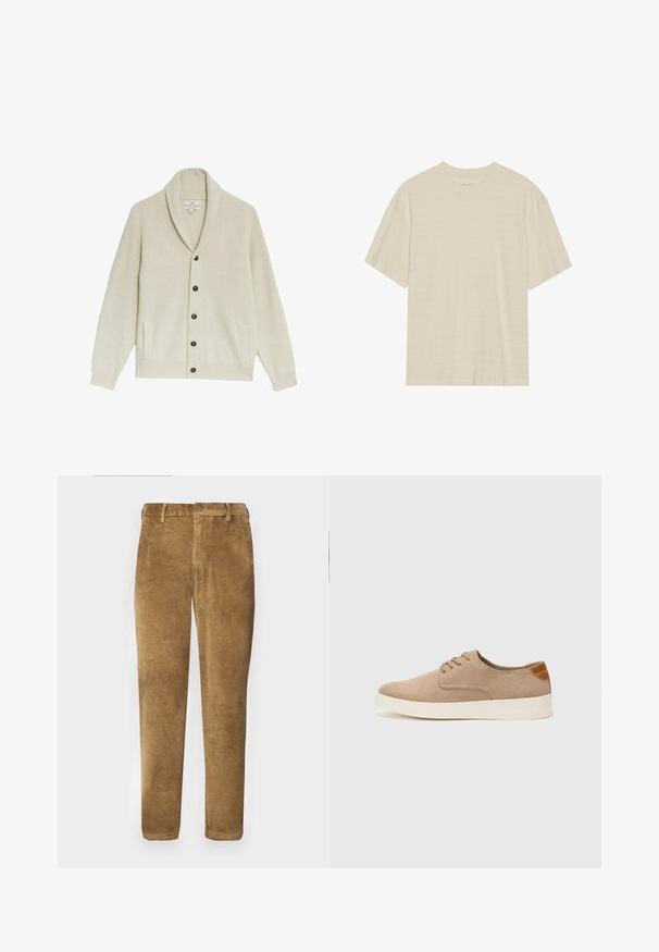 Beige geripptes Strickjacke mit einem Schalkragen, fünf dunklen Knöpfen, zwei Seitentaschen und strukturiertem Stoff.; Cremfarbener T-Shirt mit kurzen Ärmeln, das über eine subtile gestreifte Textur und einen runden Ausschnitt verfügt, aus leichtem Stoff gefertigt.; Braune Cordhosen mit vertikal gerippter Textur, geradem Schnitt, Knopfverschluss und Gürtelschlaufen. Glattes Gewebe mit weicher Oberfläche.; Beige Wildleder-Sneaker mit runder Zehenpartie, Schnürung und strukturiertem Rückenteil. Die weiße Gummisohle sorgt für einen Kontrast. Einfaches und modernes Design.