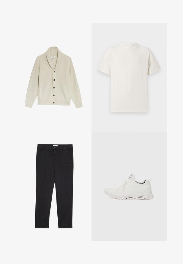 Beige geripptes Strickjacke mit einem Schalkragen, fünf dunklen Knöpfen, zwei Seitentaschen und strukturiertem Stoff.; Weißes T-Shirt mit kurzen Ärmeln in gerippter Textur. Runder Ausschnitt, lockere Passform, keine sichtbaren Muster oder Akzente. Einfaches und vielseitiges Design.; Schwarze Baumwollhose im Slim-Fit-Stil mit zwei seitlichen Taschen und einem vorderen Knopfverschluss. Strukturierter Stoff mit subtilen Details.; Weiße Sportschuhe mit einem strukturierten Strickobermaterial, flachen Schnürsenkeln und einer gepolsterten Sohle mit sichtbaren Luftkammern für zusätzlichen Halt.