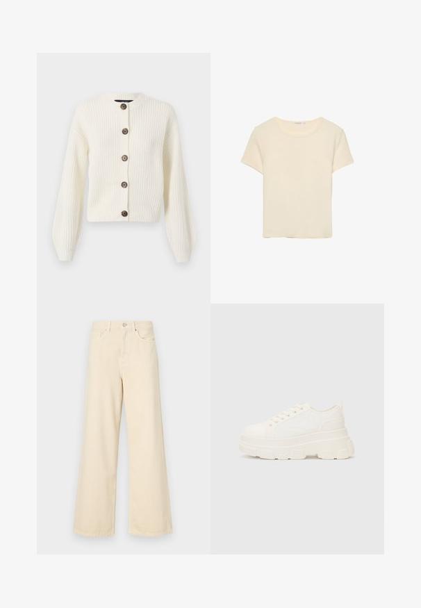 Ivoor gebreide cardigan met lange mouwen, ronde kraag en bruine knoopsluitingen. Ribbelstructuur over het hele kledingstuk. Verkorte lengte.; Crème-kleurig T-shirt met korte mouwen, gemaakt van zachte stof. Bevat een klassieke ronde halslijn en een relaxed fit, zonder opvallende patronen of accenten.; Beige wijde jeans gemaakt van katoen. Voorzien van een knoopsluiting, riemlussen en voorzakken met een gladde, zachte textuur.; Witte canvas sneaker met een stevige zool, ronde neus en vijf gaatjes voor veters. Achterste tab voor gemakkelijk aan- en uittrekken. Vloeibare textuur, minimalistisch ontwerp.