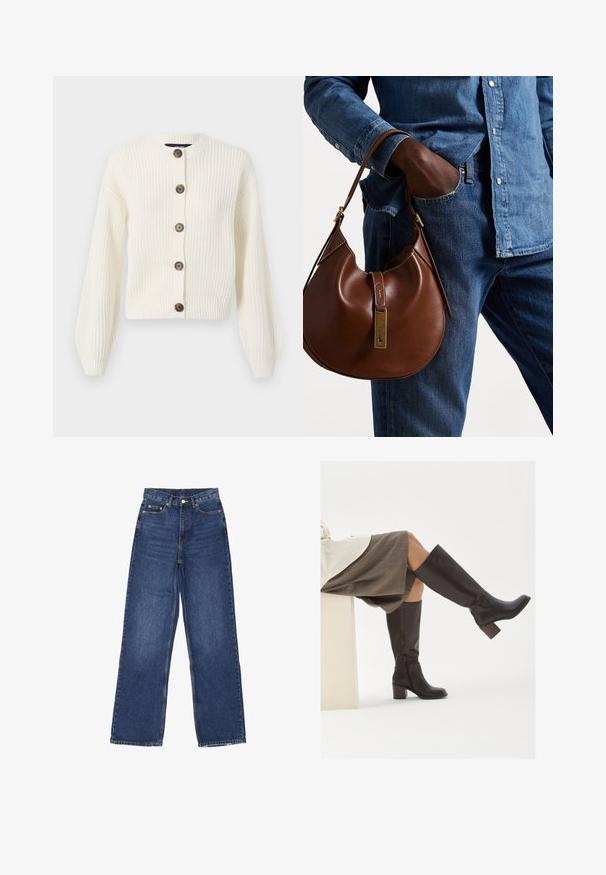 Ivoor gebreide cardigan met lange mouwen, ronde kraag en bruine knoopsluitingen. Ribbelstructuur over het hele kledingstuk. Verkorte lengte.; Twee mouwloze geribbelde coltruien in bruin en zwart, weergegeven op een effen witte achtergrond.; Wijde spijkerbroek in blauwe denim met hoge taille, voorzien van een knoopsluiting, vijf zakken en subtiele vervaging op de stof.; Bruine leren laarzen tot de knie met een vierkante neus, stevige hak en zijrits. Gladde textuur met een gepolijste afwerking.; Bruine leren hobo tas met een rondvorm, voorzien van een gouden hardwareaccent en contrasterende stiksels. Gecombineerd met een denim shirt en jeans.