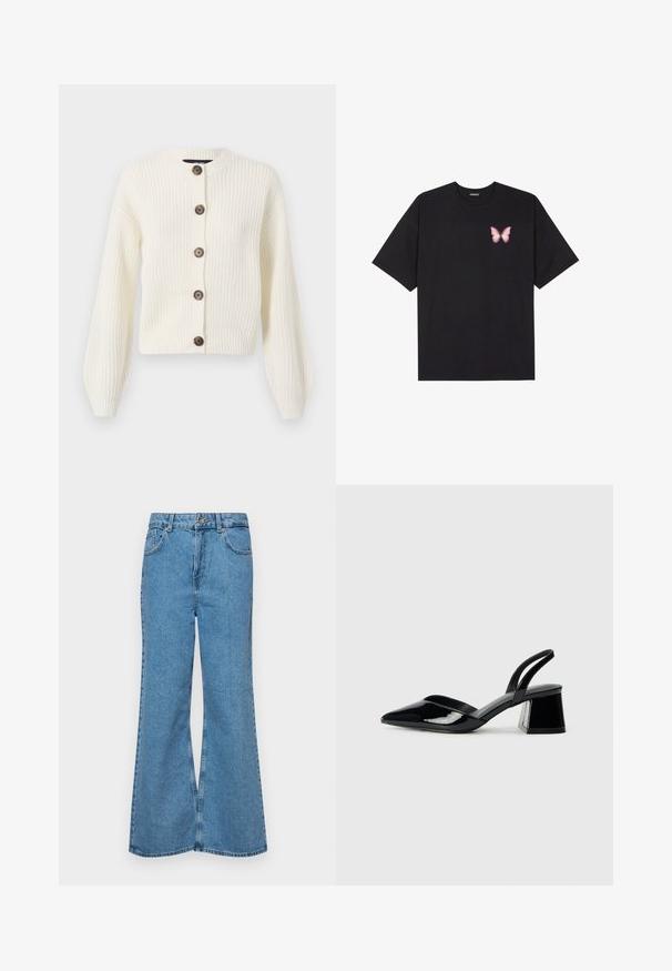 Elfenbenstrikket cardigan med lange ermer, rund krage og brune knappelukkinger. Ribbestrikket tekstur over hele. Kort lengde.; Svart bomulls T-skjorte med korte ermer, med en liten rosa sommerfugl grafikk på venstre bryst. Crew-neck design med en avslappet passform.; Lyseblå vide jeans laget av denim, med høyt liv, fem lommer og en enkelt knappelukking. Myk tekstur med falmet finish.; Svarte patentlær slingback hæler med spiss tå og geometrisk blokk hæl. Har et stilrent, minimalistisk design og jevn tekstur.