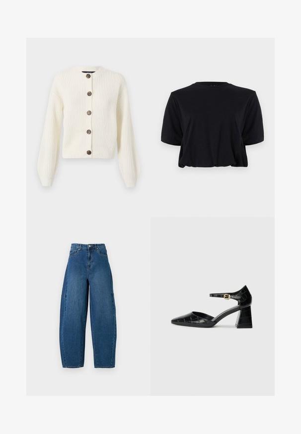 Elevandist heegeldatud kardigan pikkae varrukatega, ümarate kraede ja pruuni nupu sulgemisega. Kõikjal ribakudum. Lühike pikkus.; Mustmust mustsärk lühikeste varrukatega, ümara kaelusega ja puhtas, liigendamata disainiga, pehme tekstuuriga.; Keskmise sinise tooniga teksad, millel on kõrge talje, lai jalaliik ja standardne viie taskuga disain koos nähtavate õmbluste detailidega.; Must musta mustad kõrge kontsaga king, millel on terav nina, pahkluu rihm ja tekstureeritud krokodillimuster. Ruudukujuline ploki konts.