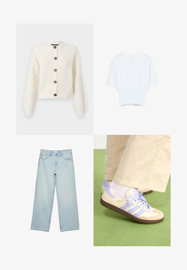 Elfenbeinfarbener, gestrickter Cardigan mit langen Ärmeln, runder Kragenform und braunen Knopfverschlüssen. Rippenstruktur über die gesamte Länge. Verkürzte Länge.; Weißes T-Shirt mit kurzen Ärmeln, lockerer Passform und gerafftem Stoff an der Taille. Aus weichem, leichtem Material gefertigt.; Helle blaue, weite Jeans aus Denim mit hoher Taille, fünf Taschen und subtilen Ausbleichungen. Gerader Schnitt mit gesäumten Kanten.; Cremefarbene und lavendelfarbene Sneakers mit drei Streifen und einer strukturierten braunen Sohle, ausgestattet mit Schnürsenkeln und einer gepolsterten Ferse. Obermaterial aus weichem Stoff.