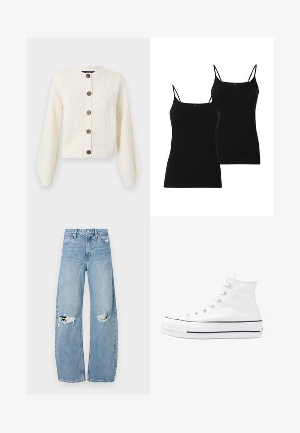 Krémový pletený kardigan s dlouhými rukávy, kulatým límcem a hnědými knoflíkovými uzávěry. Po celé délce s ribovanou strukturou. Zkrácená délka.; Dvě černé camisolky s tenkými špagetovými ramínky, vyrobené z měkké tkaniny, s přiléhavým střihem a hladkou strukturou, ideální pro vrstvení.; Světle modré džíny s vysokým pasem vyrobené z denimu. Mají široké nohavice, dvě roztržené oblasti na kolenou a klasický pětikapsový střih.; Bílé vysoké plátěné tenisky s černou gumovou podrážkou, přední gumovou špičkou a šesti očky na tkaničky, se čistým, minimalistickým designem.