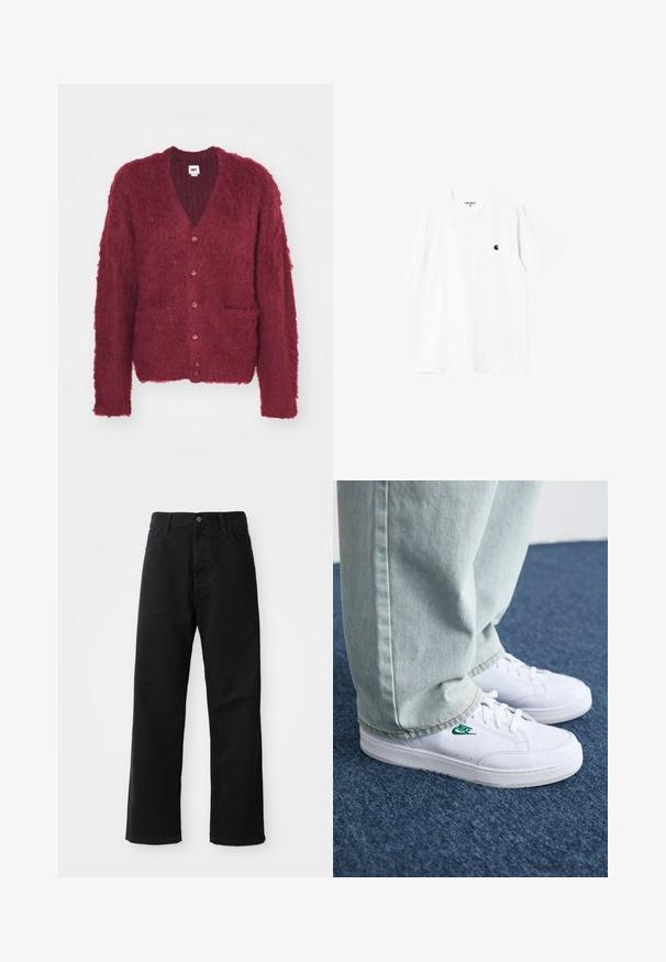 Obey Clothing PATRON CARDIGAN - Casaco de malha - zinfandel; T-shirt de algodão branco com mangas curtas, gola redonda e um pequeno logótipo preto no lado esquerdo do peito. Textura suave e corte padrão.; Calças de ganga pretas com corte direito, apresentando bolsos frontais, fecho de zip e um único botão na parte superior. Tecido texturizado com um acabamento mate.; Tênis de couro brancos com logo verde da Nike, bico redondo, sola plana, combinados com calças de denim azul claro, exibidos sobre um tapete azul.