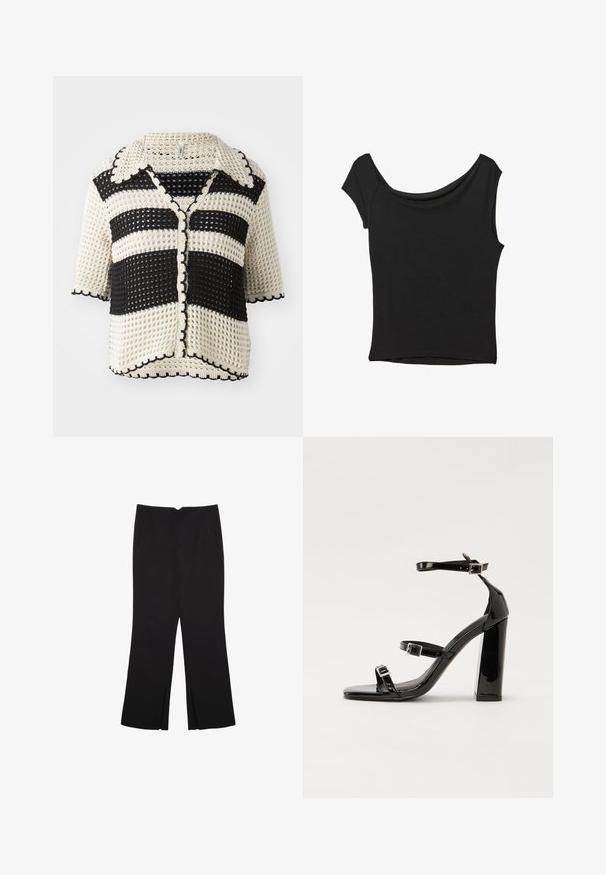 Črn in kremast crohet kardigan s črtami, ovratnikom, kratkimi rokavi, valovnimi robovi in zapiranjem na gumb. Teksturno pleten vzorec.; Črna kratka majica s kratkimi rokavi iz gladkega blaga; ima drapiran izrez in asimetrično spodnjo rob, s prilegnjenim telesom.; Črne hlače ravnega kroja z naglavnimi žepi in stranskimi razporki na robu. Narejene iz mehke, gladke tkanine. Primerne za različne priložnosti.; Črne lakirane sandale s peto, kvadratnim prstom, trakovi okrog gležnja in srebrnimi zaponkami. Opremljene so s stabilno Debelo peto.