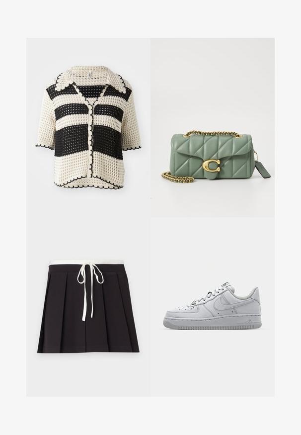 Zwart en crèmekleurig gestreepte gehaakte cardigan met een kraag, korte mouwen, golvende rand en sluiting met knopen. Gelaagd breipatroon.; Witte halter crop top met een diepe V-halslijn en geraffineerde stofdetails aan de zijkanten. Gemaakt van glad, rekbaar materiaal.; Zwarte geplooide rok met een witte geweven trekkoord in de taille. Gemaakt van zachte stof, met een gladde textuur en een eenvoudig, klassiek ontwerp.; Witte leren sneaker met een low-top ontwerp, ronde neus, geperforeerde details en een getextureerde rubberen zool. Heeft grijze accenten op de tong.; COACH TABBY SHOULDER BAG 20 WITH PILLOW QUILTING - Schoudertas - sage