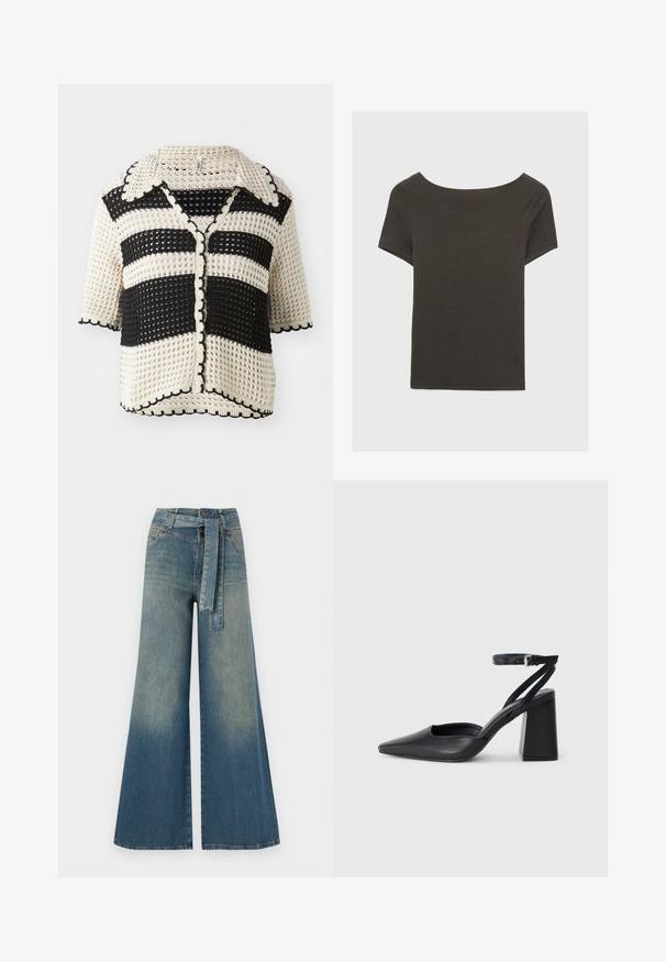 Sort og creme stribet hæklede cardigan med krave, korte ærmer, bølgede kanter og knaplukning foran. Struktureret strikket mønster.; Mørkegrå kortærmet top med bådudskæring. Lavet af ribbet stof, med en afslappet pasform og en ren kant. Enkelt design, ingen mønstre.; Bredbens-denimbukser med en lys til mørk blå gradient, høj talje, bælteløkker og et matchende stofbælte. Tekstureret denimfinish.; Sort læder spidse pumps med ankelrem og en chunky hæl. Flad tekstur, slankt design og minimalistisk æstetik.
