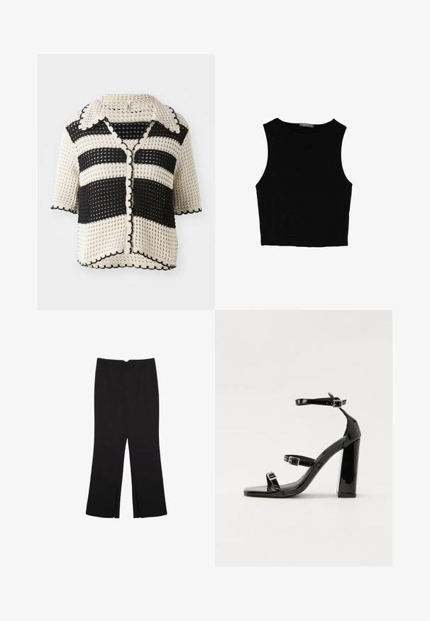 Črn in kremast crohet kardigan s črtami, ovratnikom, kratkimi rokavi, valovnimi robovi in zapiranjem na gumb. Teksturno pleten vzorec.; Črn brez rokavov crop top, izdelan iz gladkega materiala, z okroglim izrezom in čistim, preprostim dizajnom brez vzorcev ali dodatkov.; Črne hlače ravnega kroja z naglavnimi žepi in stranskimi razporki na robu. Narejene iz mehke, gladke tkanine. Primerne za različne priložnosti.; Črne lakirane sandale s peto, kvadratnim prstom, trakovi okrog gležnja in srebrnimi zaponkami. Opremljene so s stabilno Debelo peto.