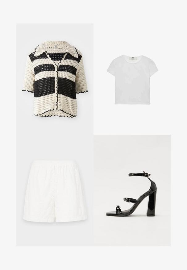 Czarna i kremowa kardigan szydełkowy w paski z kołnierzykiem, krótkimi rękawami, falbaniastymi krawędziami oraz zapięciem na guziki. Teksturowany wzór dzianiny.; Biała koszulka z krótkim rękawem i okrągłym dekoltem, wykonana z miękkiej bawełny, charakteryzująca się prostym, czystym wzorem bez widocznych zdobień ani akcentów.; Białe bawełniane szorty z elastycznym pasem, z haftem w kształcie oczek i luźnym krojem. Gładka faktura, długość do kolan.; Czarne lakierowane sandały na obcasie z kwadratowym noskiem, z paskami wokół kostki i srebrnymi klamrami. Posiadają masywny słupek dla stabilności.