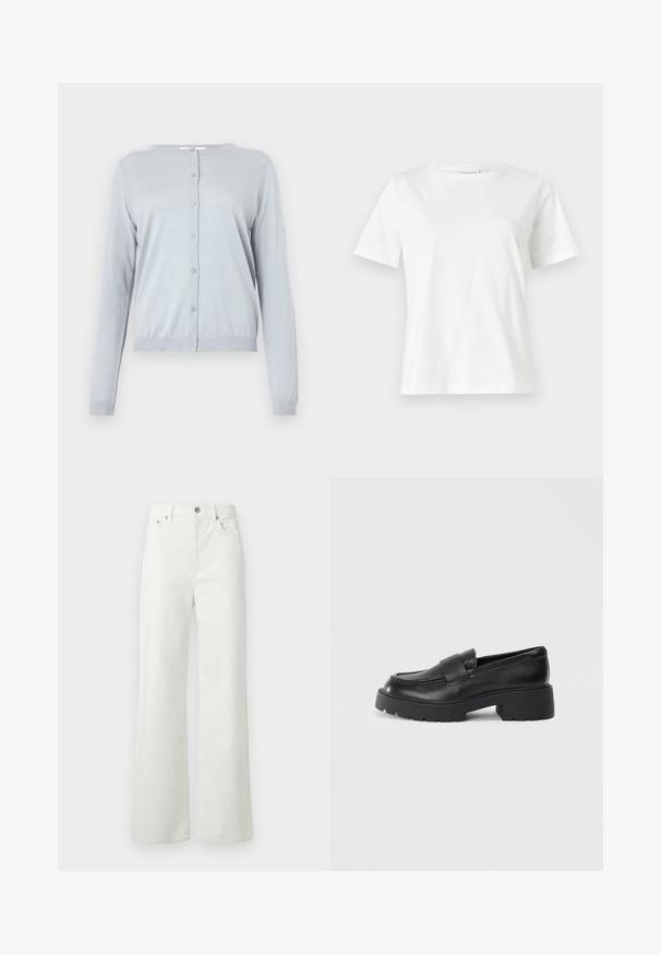 Lys grå strikket cardigan med lange ermer, rund hals og knappelukking foran. Har ribbede mansjetter og nederkant. Enkel, strukturert stoff.; Hvit bomull t-skjorte med korte ermer, rund hals og avslappet passform. Glatt tekstur, ingen mønstre eller detaljer, minimalistisk design.; Samsøe Samsøe SHELLY - Jeans relaxed fit - clear cream; Sorte lærloafers med en teksturert overflate, med en rektangulær stropp over vampen og en kraftig, klumpete såle.