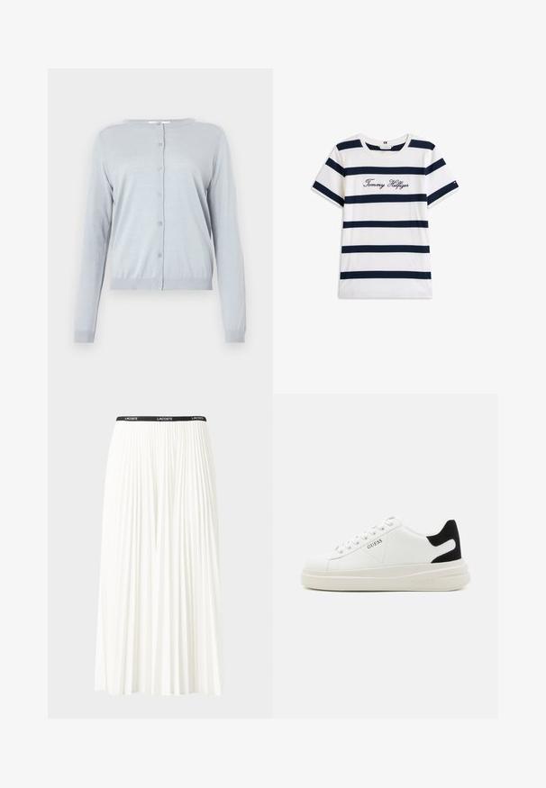 Ljusgrå stickad cardigan med långa ärmar, rund hals och framknäppning. Har ribbade ärmslut och nederkant. Enkel, strukturerad väv.; T-shirt i bomull med horisontella marinblå ränder på vit bakgrund. "Tommy Hilfiger" broderat i kursiv på bröstet. Rund halsringning.; Fälld vit kjol med svart elastiskt midjeband som har "LACOSTE"-logotypen. Mittenlång design med mjuk textur.; Vita lädersneakers med en tjock vit sula, svartsuede hälaccent och präglad logotyp på sidan. Snörningsdesign med sex öglor.