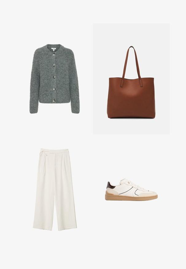Siva pletena kardigan s okruglim izrezom, pet dugmadi, dugim rukavima i teksturiranim završetkom. Mekana tkanina sa kutijastim oblikom.; Bijela majica kratkih rukava od pamuka. Ima okrugli izrez i opušteni kroj. Glatka tekstura bez vidljivih uzoraka ili naglasaka.; Hlače širokih nogavica od off-white tkanine s glatkom teksturom. Imaju vezani struk i naborani prednji dio, dizajnirane za opuštenu prilagodbu.; Stradivarius Tenisice - white; Smeđa kožna torba preko ramena s glatkom teksturom, otvorenim vrhom i dvjema naramenicama. Ima minimalne šavove i nema vidljivog hardvera.