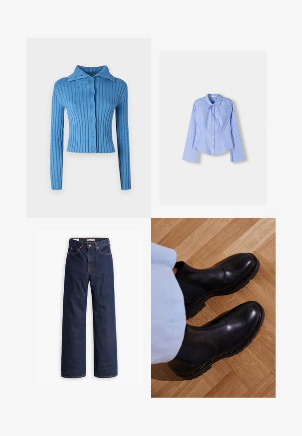 Blue ribbed cardigan featuring a collared neckline, long sleeves, and button closure down the front. Textured fabric with vertical stripes.; Blue and white striped long-sleeve button-up shirt with a spread collar, tailored fit, and curved hemline. Textured cotton material.; Dark blue straight-leg denim jeans with five pockets, orange stitching, and a button fly closure.; Black ankle boots made of smooth leather with elastic side panels, a textured rubber sole, and contrast stitching along the edge.
