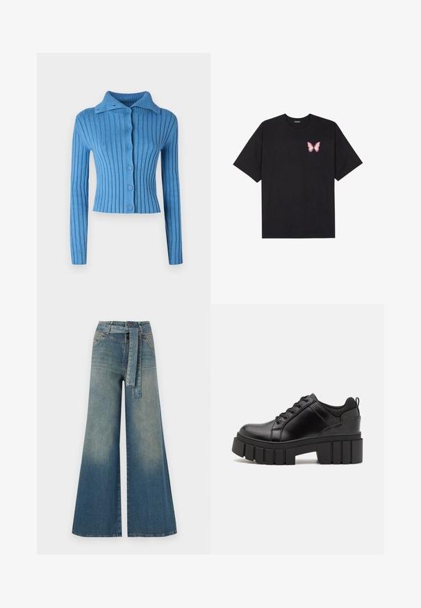 Sininen ribbineuleinen cardigan, jossa on kauluksessa oleva kaulus, pitkät hihat ja napitus edessä. Rakenne on tekstuuripintaista kangasta, jossa on pystysuoria raidoituksia.; Musta puuvillapaita lyhyillä hihoilla, jossa on pieni vaaleanpunainen perhosgrafiikka vasemmassa rinnassa. Pyöreä kaula-aukko ja rento istuvuus.; Yksiväriset farkut leveällä lahkeella, joissa on vaaleasta tummansiniseen häipyvä väri, korkea vyötärö, vyölenkit ja yhteensopiva kangasvyö. Rakennefarkkujen pinta.; Mustat nahkakengät, joissa on lättihenkinen korko, pyöreä kärki ja perinteinen nauhakiinnitys. Ominaisuuksiin kuuluu sileä pintakuvio ja minimaalinen yksityiskohtaisuus.