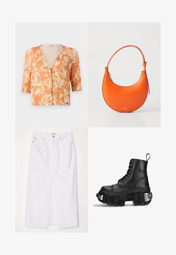 Knitted floral cardigan featuring an orange and cream pattern, V-neckline, short sleeves, five button closure, and ribbed texture.; Denim crop top featuring a zip front, curved seam detailing, and a repeated crescent moon pattern in light blue on a darker blue base.; White denim skirt featuring a front slit, five-pocket design, metal button and zipper closure, and stitched hem details.; Black leather combat boot with high top, round toe, thick textured sole, silver hardware accents, and distinctive tread pattern.; Orange leather handbag with a half-moon shape, slim strap, and gold hardware. Features a zip closure and embossed brand name on the front.
