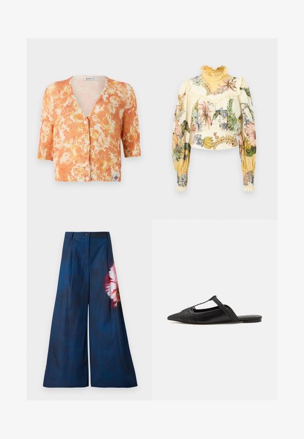 Strikket floral cardigan med et orange og creme mønster, V-udskæring, korte ærmer, fem knaplukning og ribbet tekstur.; Alemais OLEANDER - Bluse - multi coloured; Breddebenede bukser i mørk marineblå stof, med et blomsterprint i pink og gul på den ene side, samt en knaplukning ved taljen.; Sort læderslyngeback sko med spids tå, der har en vævet detalje og en plisseret overdel. Flad sål med minimal hardware.