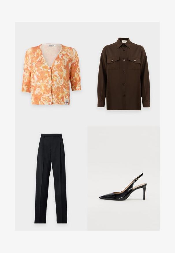 Cárdigan floral de punto con un patrón en naranja y crema, escote en V, mangas cortas, cierre de cinco botones y textura acanalada.; Camisa de manga larga de color marrón oscuro con botones, dos bolsillos en el pecho con solapa y un cuello clásico, exhibida contra un fondo blanco liso.; Pantalones negros de tela suave con cintura alta, piernas amplias, pliegues frontales y lazos de cinturón clásicos. No hay bolsillos laterales visibles.; Zapatos de charol negro con tirante al tobillo, punta afilada, tacón delgado y un diseño de corte sutil. Presenta una hebilla dorada en la correa.