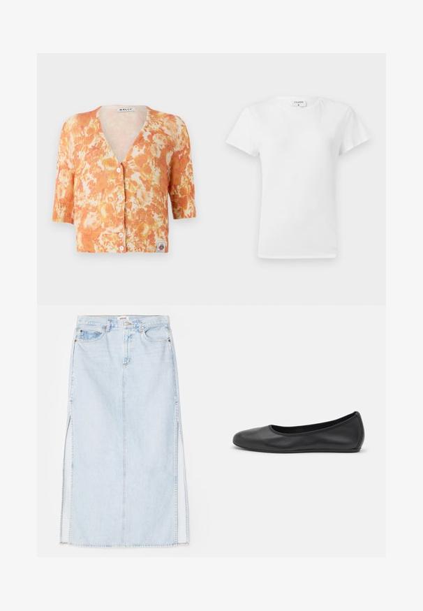 Knitted floral cardigan featuring an orange and cream pattern, V-neckline, short sleeves, five button closure, and ribbed texture.; White cotton t-shirt with a crew neckline and short sleeves, featuring a relaxed fit and minimalistic design. Tag visible at the neck.; Light blue denim maxi skirt with a straight cut, featuring side slits and five-pocket design. Prominent stitching and metal button closure.; Black leather ballet flat with a rounded toe, smooth texture, minimal stitching detail, and a flexible sole design.