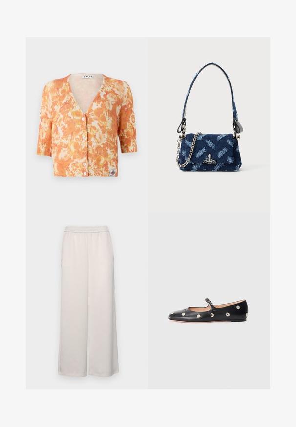 Neulepusero kukkakuviolla, joka on oranssin ja kermanvärinen, V-kaula-aukolla, lyhyillä hihoilla, viidellä napilla ja ribattu pinta.; Musta olkaimeton mekko, jossa on kootut kaula-auko, kapea leikkaus ja sileä tekstuuri. Minimalistinen muotoilu, polvipituisuus ilman lisäkoristeita.; Vaaleanbeiget leveälahkeiset housut, joissa on joustava vyötärö. Liukas kangas, täyspitkät, ilman näkyviä koristuksia tai kuvioita.; Musta nahkainen Mary Jane -tyylinen tasapohjakenkä, jossa on pyöreä varvas. Kenkässä on hopeisia pyöreitä niittejä ja säätöremmi, jossa on solki.; La bague en tissu bleu marine avec un design texturé, des accessoires en argent et une bandoulière en chaîne détachable. Elle présente un rabat de fermeture et un accent logo.