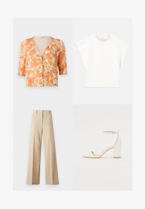 Gilet en maille à fleurs avec un motif orange et crème, décolleté en V, manches courtes, fermeture à cinq boutons et texture côtelée.; T-shirt blanc rectangulaire à manches courtes. Fabriqué en tissu lisse, avec un col rond et des accents subtils aux épaules. Design simple.; Pantalons larges beiges en tissu lisse, avec un devant plat avec des plis, une fermeture éclair et des passants de ceinture. Coupe ajustée dans l'ensemble.; Sandale à talon bloc en cuir blanc avec une bride de cheville à boucle et un design minimaliste. Bout ouvert et textures lisses sur l'ensemble.