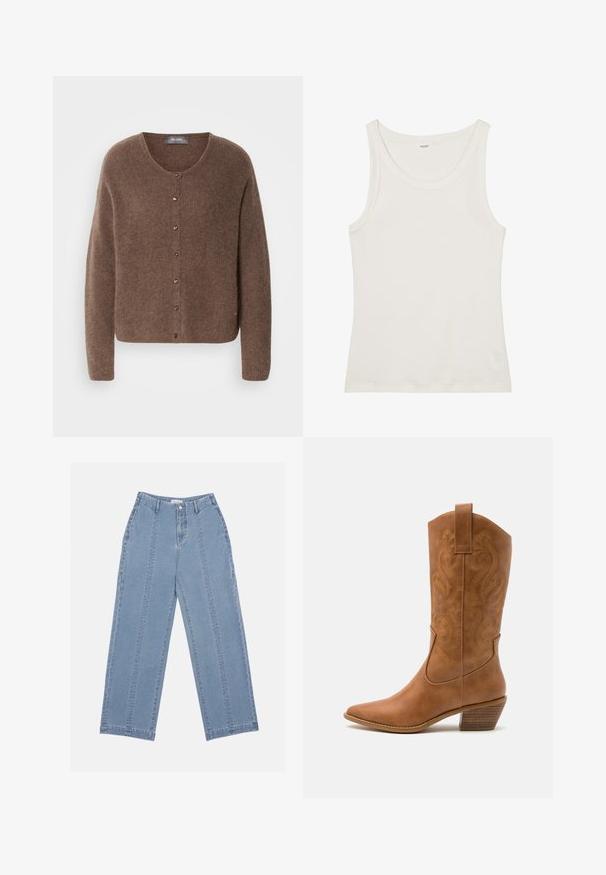 Pruun kardigan pehmest tekstureeritud materjalist, millel on ümmargune kaelus, nööpidega eest kinni tõmbamine ja pikad varrukad.; Valge puuvillane top, millel on lai kaelus ja õhukesed õlavarre rihmad. Sile tekstuur ilma nähtavate mustrite või kaunistusteta.; Heledad sinine laiad püksid, mis on valmistatud denimist. Omavad kõrget talje, nupuvärvi ja nähtavat õmblust. Esiküljel ei ole nähtavaid taskuid.; Kohvitooni nahast cowboy-kork, millel on terav varvas, tikitud keerised varrel ja virnastatud ploki konts. Omab tõmbeava, et seda oleks lihtne jalga panna.